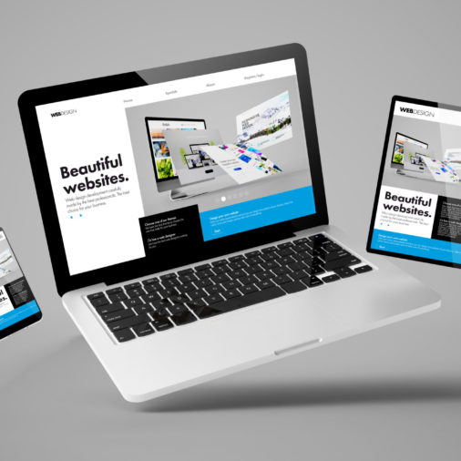 flying laptop, mobile and tablet 3d rendering showing builder website responsive web design